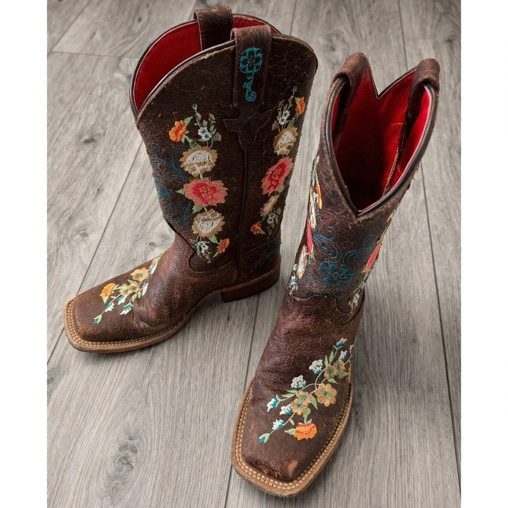 Macie Bean Womens Cowboy Boots Size 2 Brown Floral Embroidered Western - Picture 1 of 8